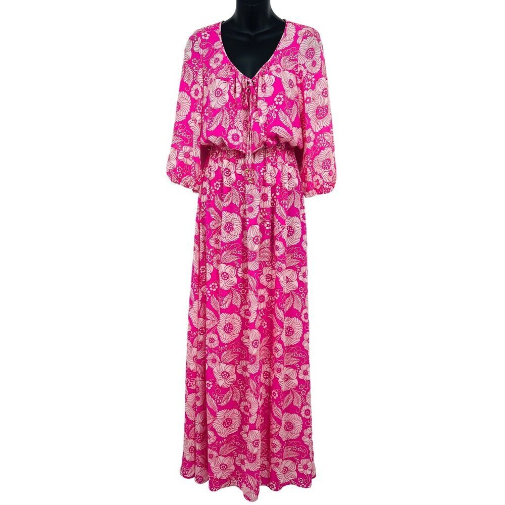 Juicy Couture Pink  White Floral Maxi Dress Size 2 V-Neck 3/4 Sleeve Women EUC